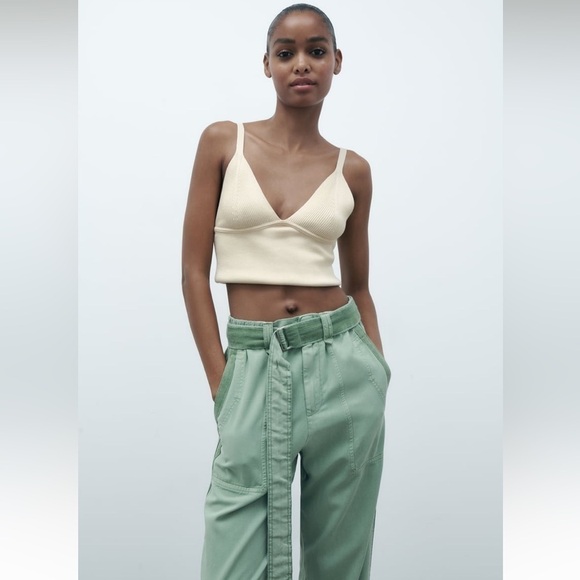 ZARA PAPERBACK PANTS WITH CONTRASTING BELT GREEN Sz L - Picture 4 of 16
